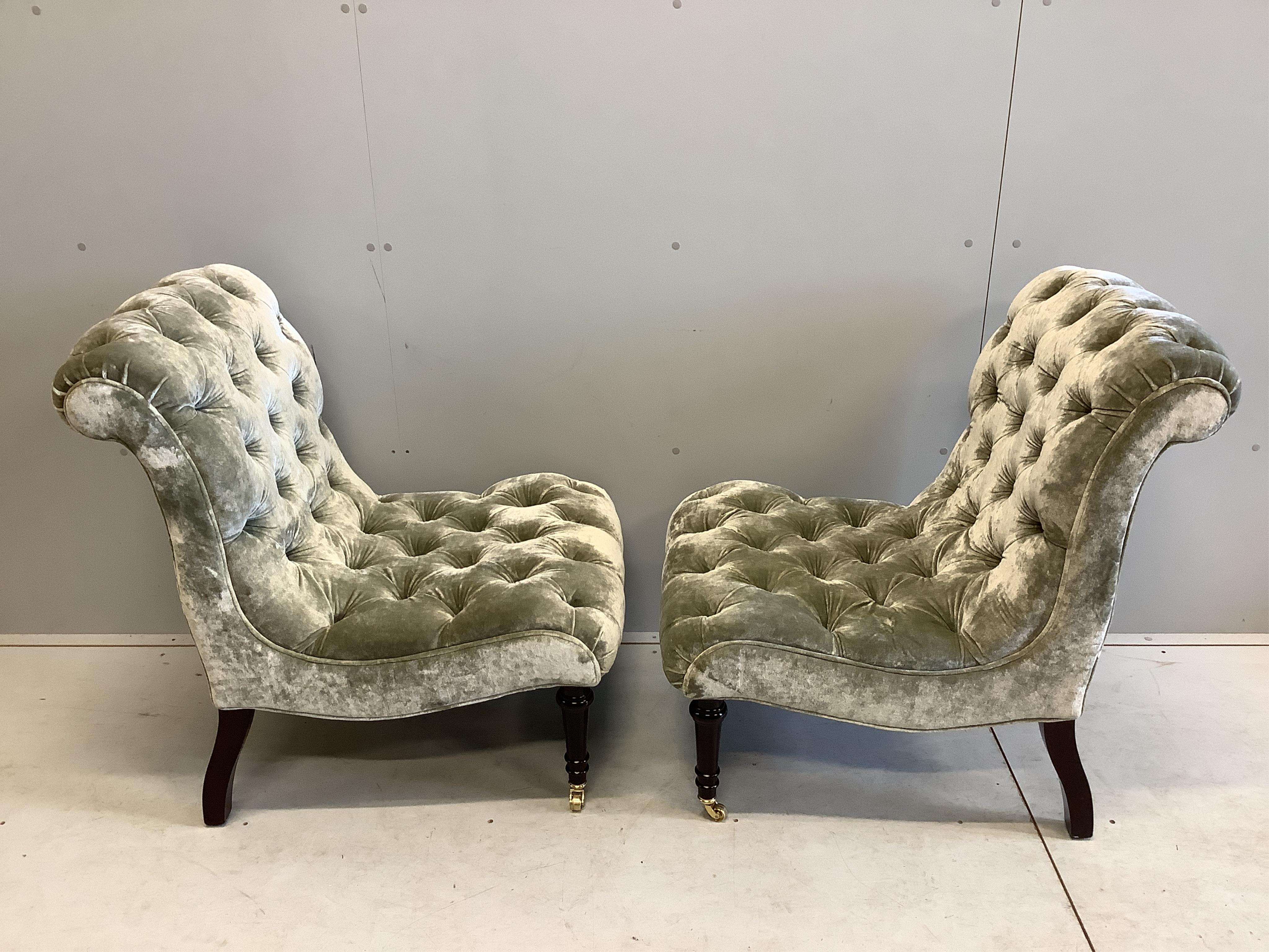 A pair of Victorian style upholstered side chairs, width 62cm, depth 68cm, height 90cm. Condition - good